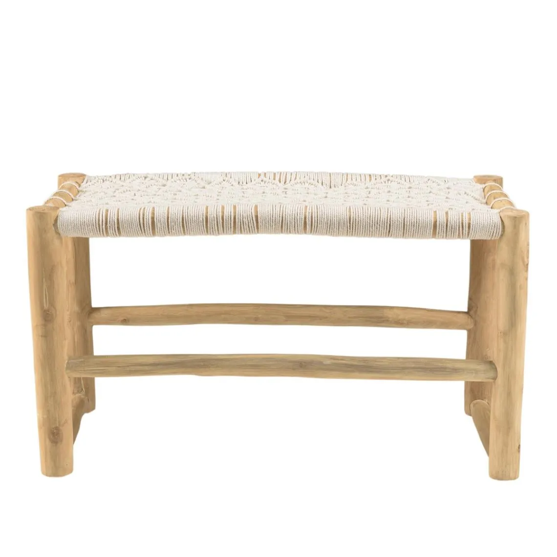 Banc en branches de Teck naturel avec assise en macramé WILL Blanc  | 3 Suisses