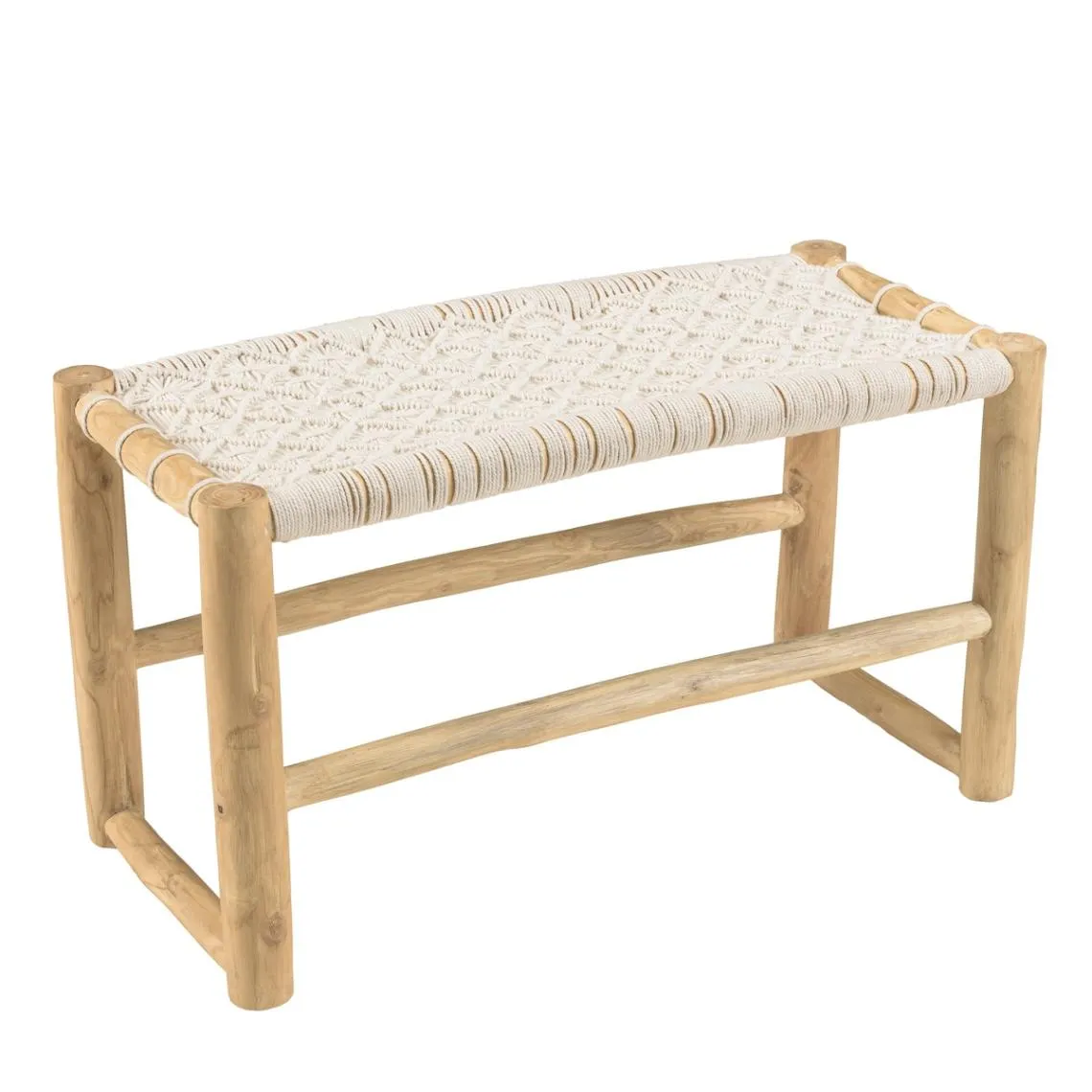 Banc en branches de Teck naturel avec assise en macramé WILL Blanc  | 3 Suisses