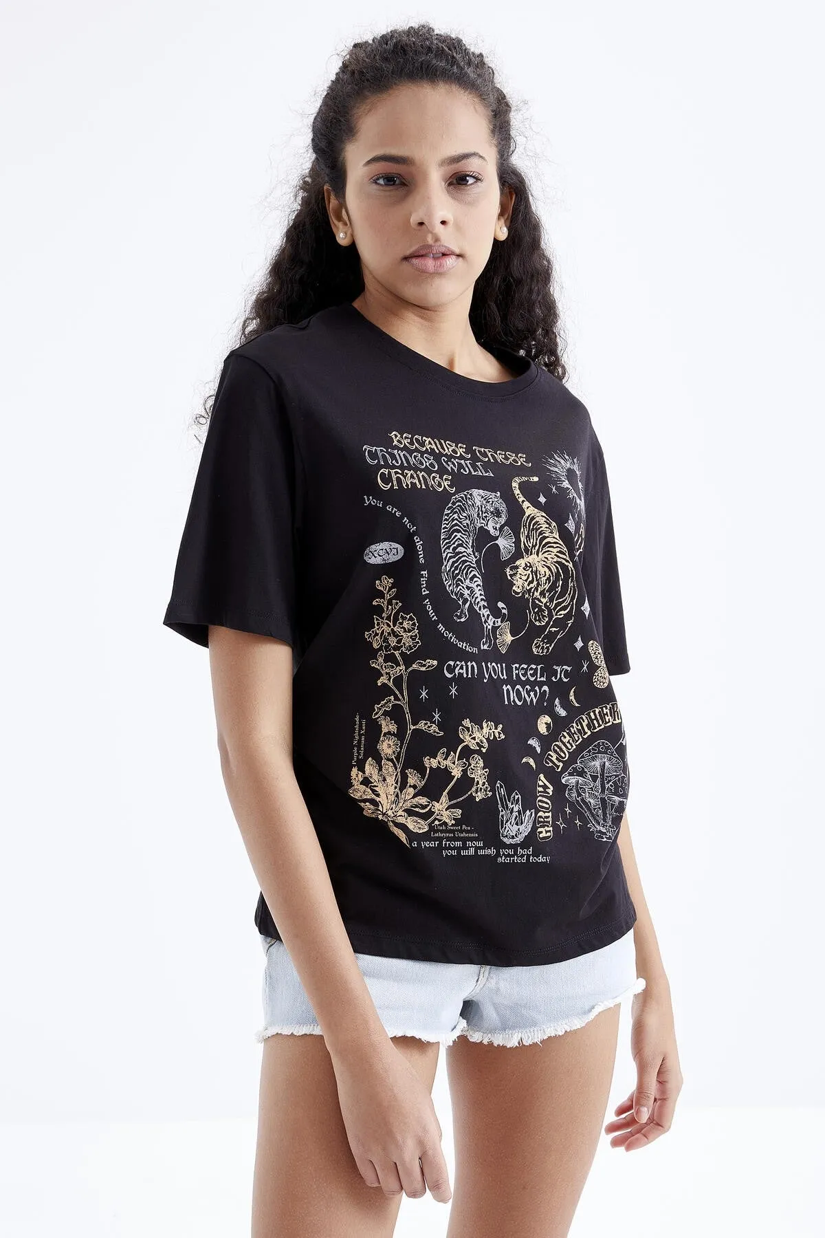 baskili o yaka oversize kadin t-shirt - 97210