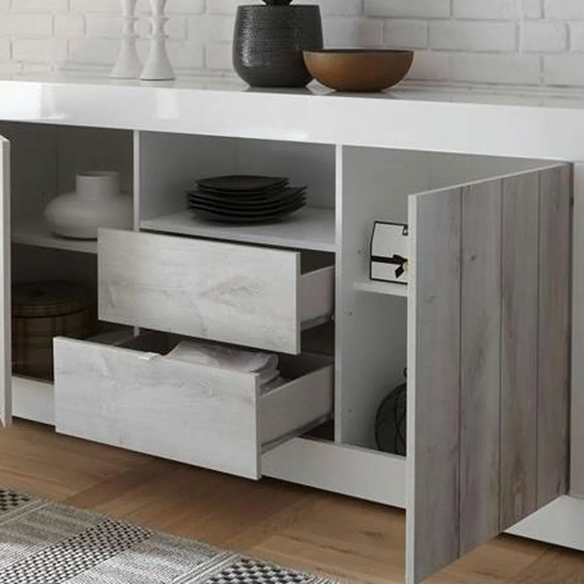 Buffet 2 portes battantes et 2 tiroirs URBINO blanc laqué et ciment  | 3 Suisses