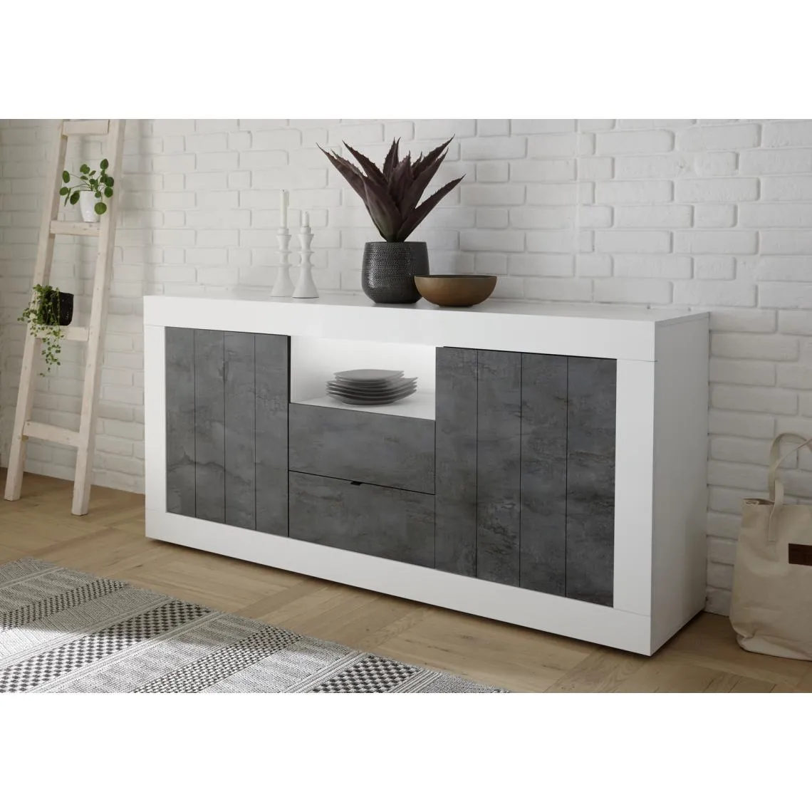 Buffet 2 portes battantes et 2 tiroirs URBINO blanc laqué et oxyde  | 3 Suisses