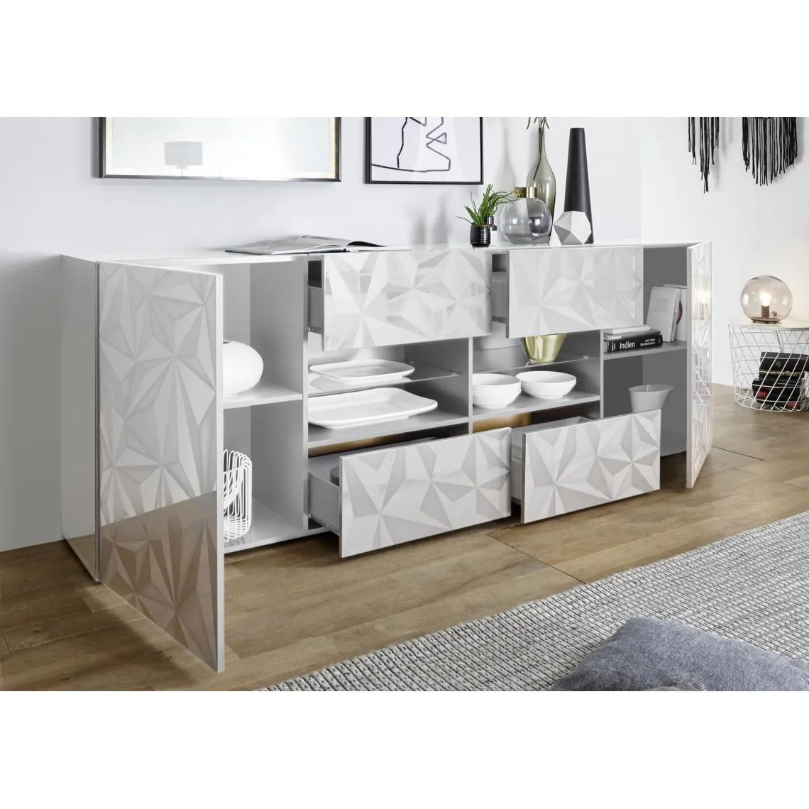 Buffet 2 portes et 4 tiroirs PRISMA laqué blanc brillant | 3 Suisses