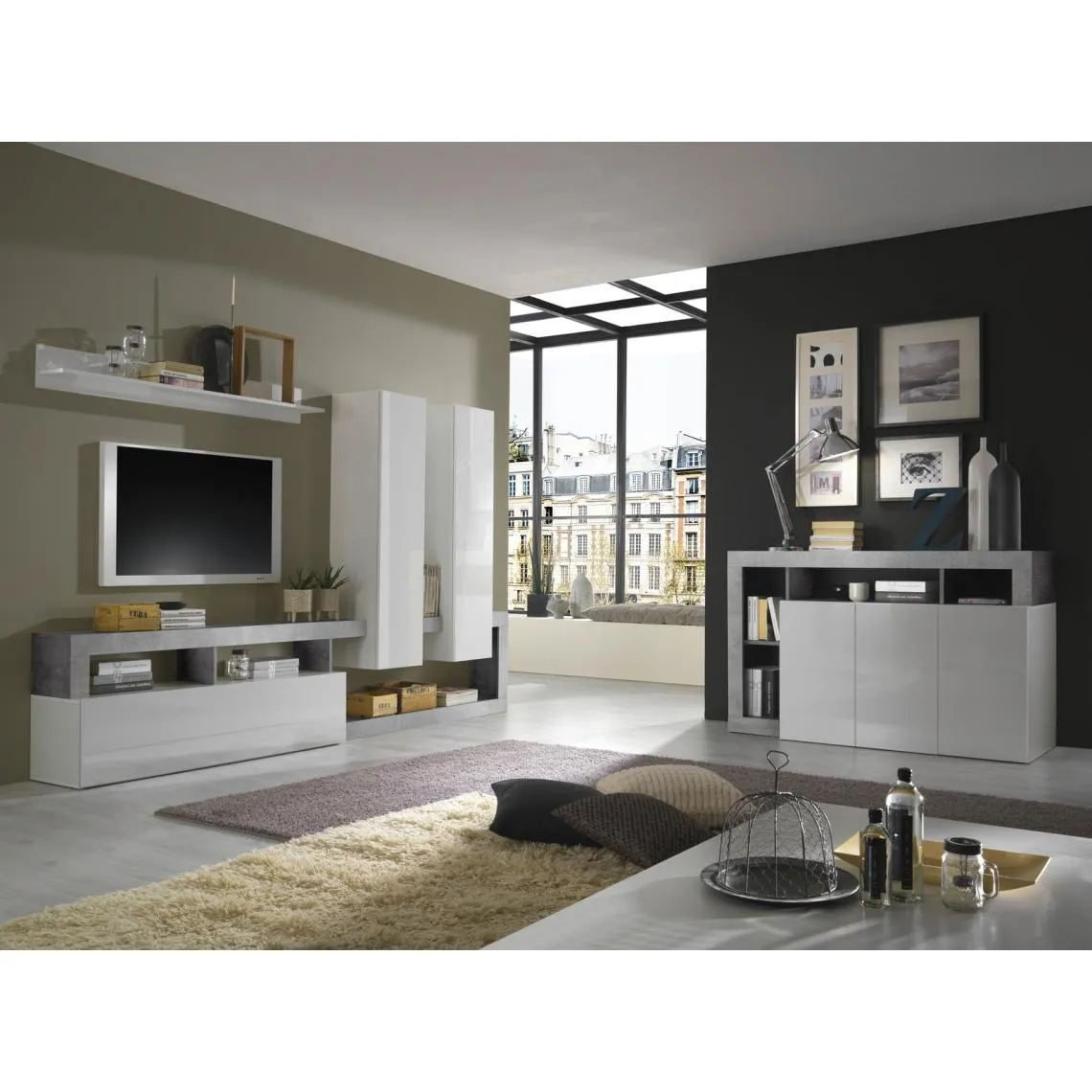 Buffet 3 portes blanc lacqué brillant béton | 3 Suisses