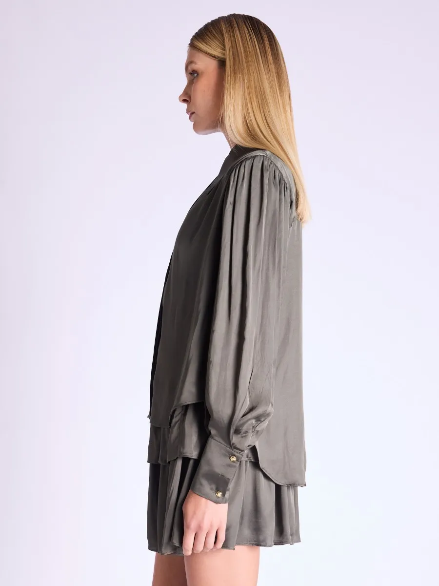 Chemise CHARLENE | Chemise khaki satinée et manches bouffantes