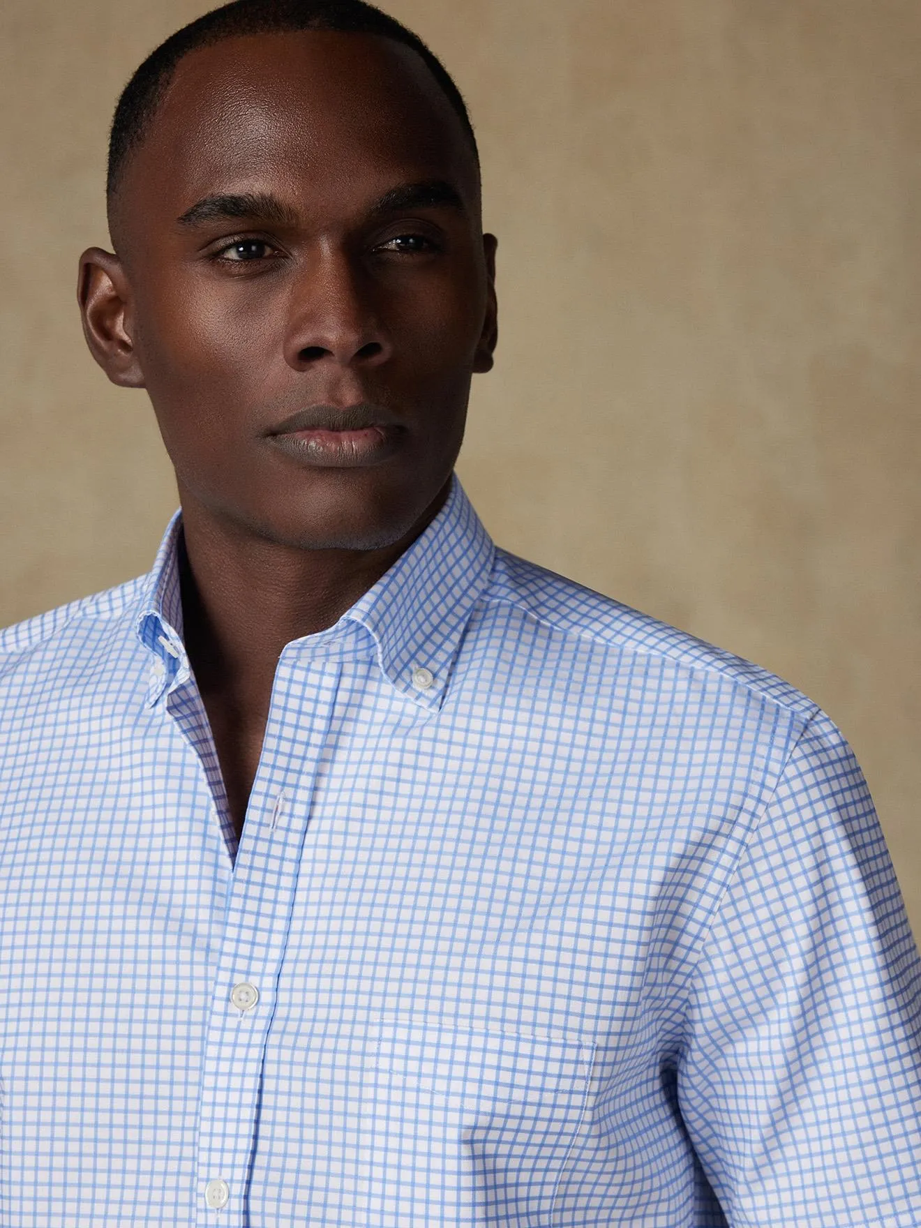 Chemise manches courtes Carlton à carreaux ciel  - Col boutonné