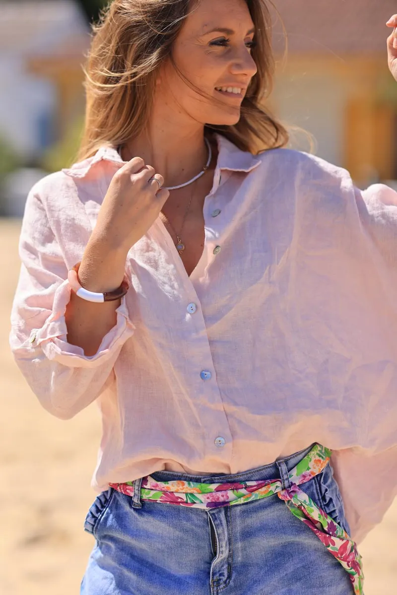 Chemise rose pâle fluide en lin manches 3/4 boutons nacrés