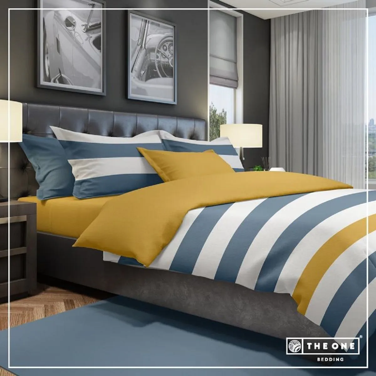 Housse de couette - REF T1-BSTRIPE200 - bleu indigo-jaune d'or et blanc 