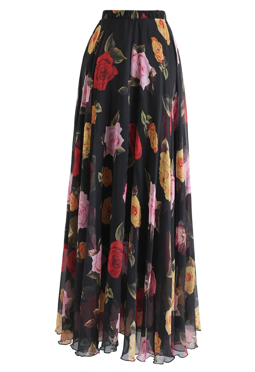 Jupe longue aquarelle Rose en fleurs en noir