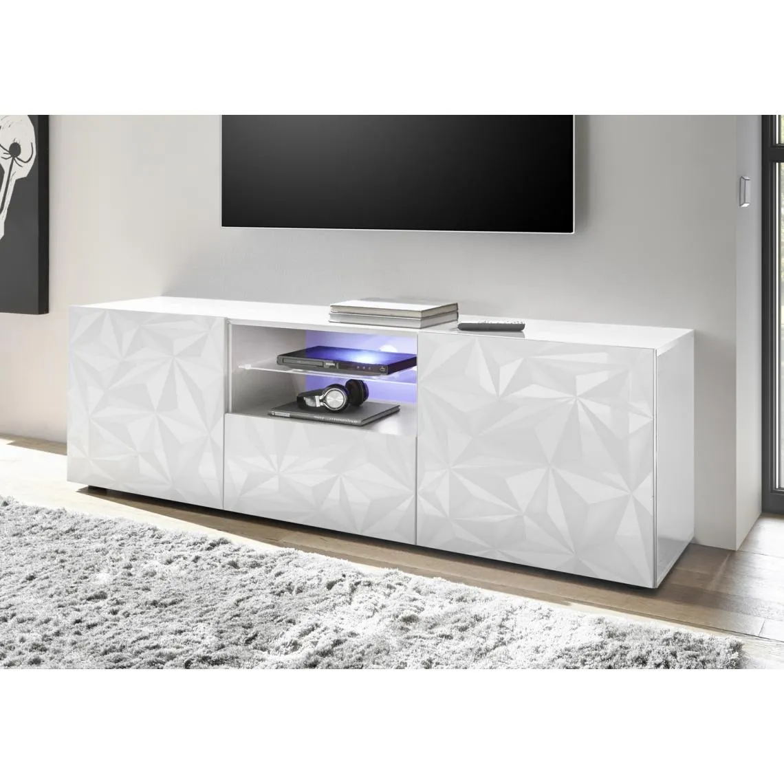 Meuble TV deux portes et 1 tiroir PRISMA laqué blanc brillant | 3 Suisses
