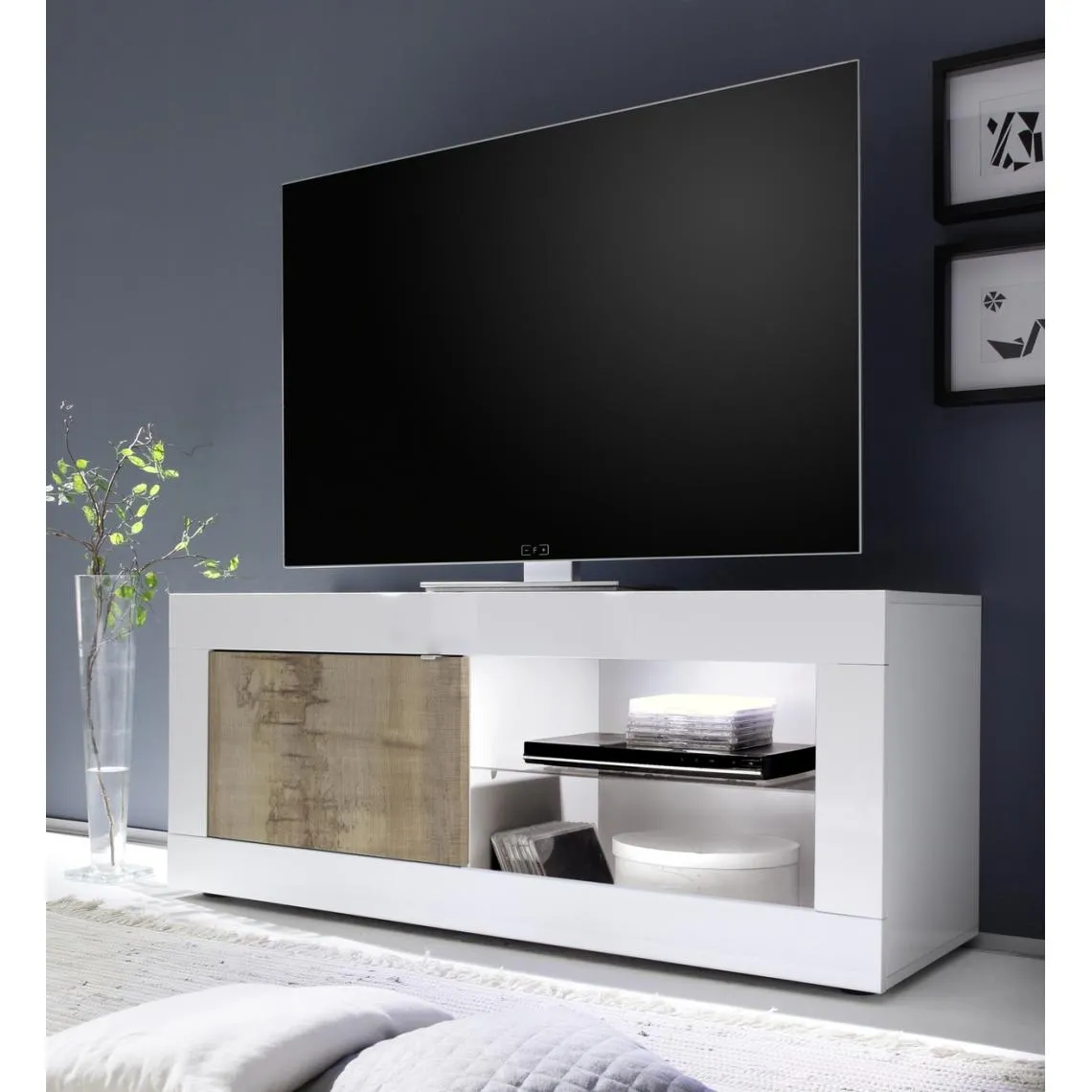 Meuuble TV 1 porte BASIC blanc et décor chene pero  | 3 Suisses