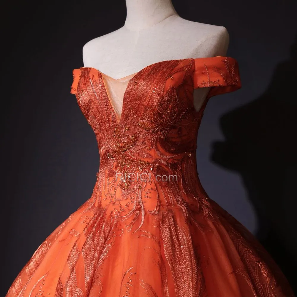 Perlage Appliques Élégant Dos Nu Orange Robe De Bal Princesse Robe De Ceremonie Dentelle Epaule Dénudée