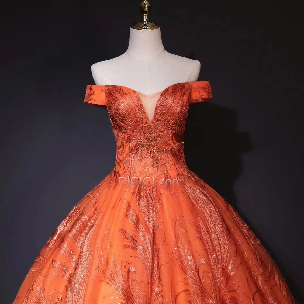 Perlage Appliques Élégant Dos Nu Orange Robe De Bal Princesse Robe De Ceremonie Dentelle Epaule Dénudée