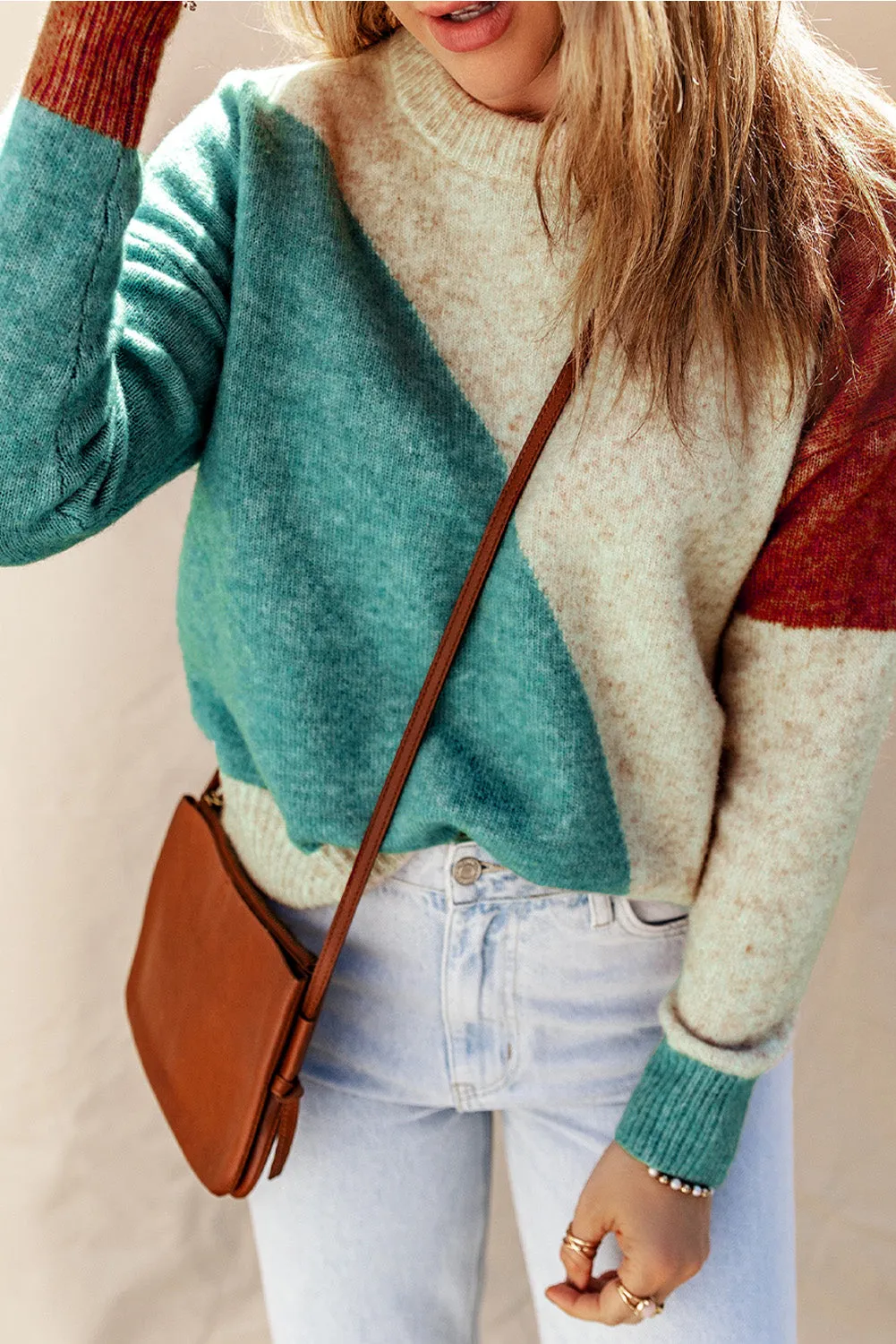 Pull multicolore à col rond et bordure ctelée color block