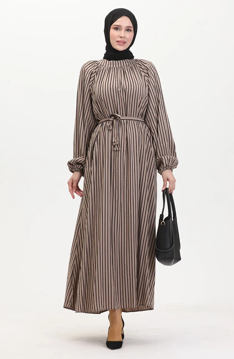 Robe A Rayure Ceinturée 0468-02 Vison 0468-02