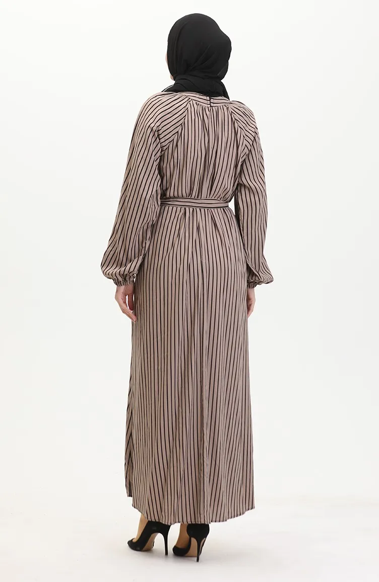 Robe A Rayure Ceinturée 0468-02 Vison 0468-02