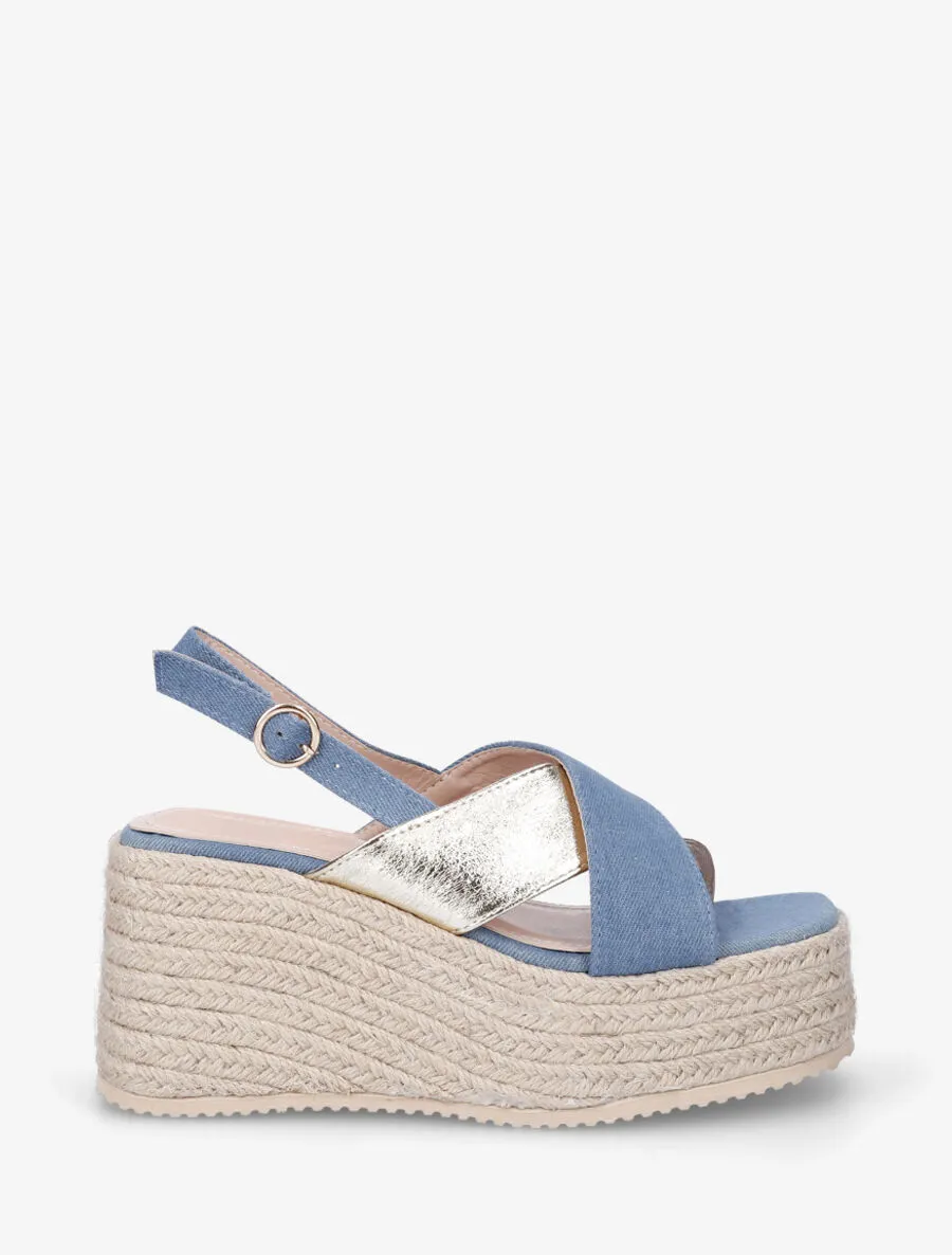 Sandales croisées bi-matière à talon compensé - Bleu denim