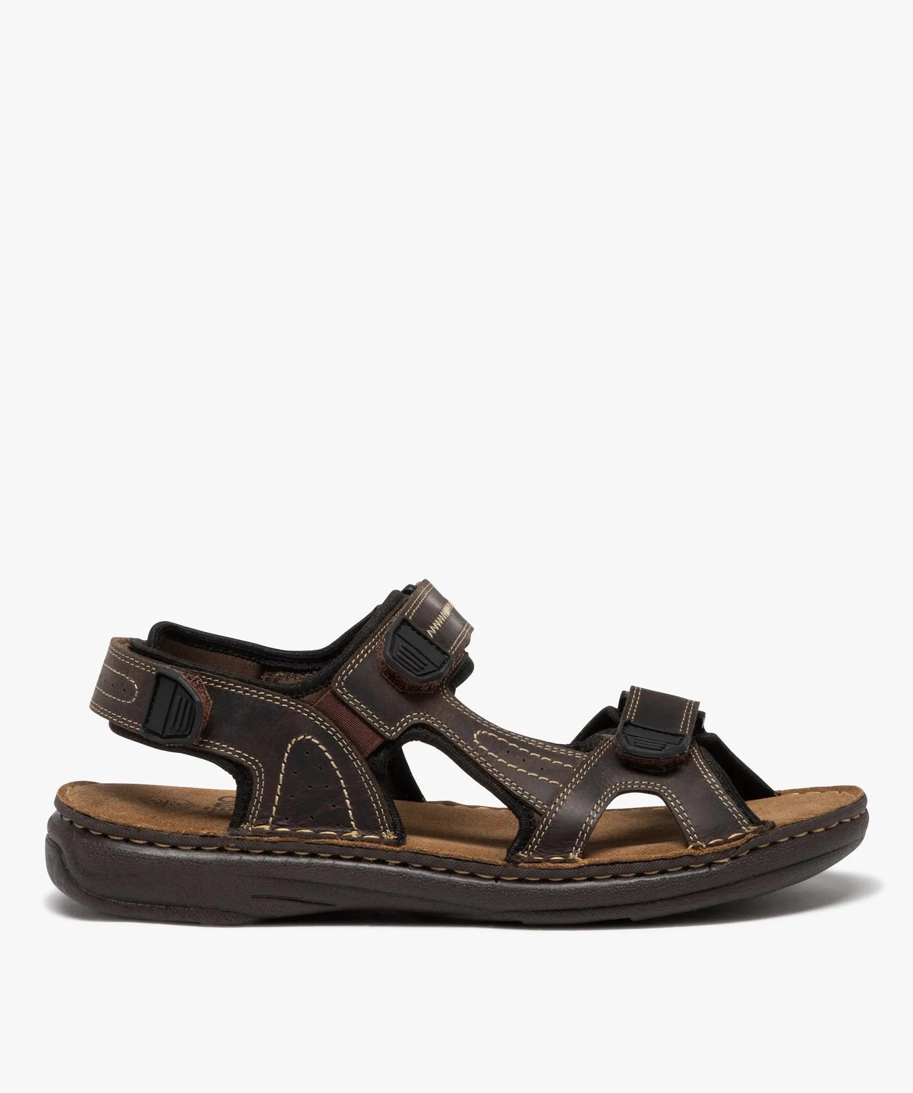 Sandales homme avec brides en cuir unies et à scratch marron chine