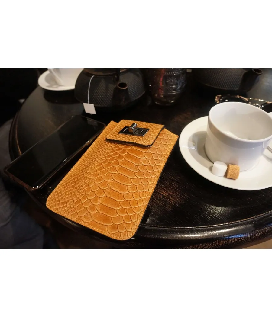 SANTAIA ETUI POCHETTE SMARTPHONE CUIR  ITALIE EFFET CROCO MARRON CAMEL
