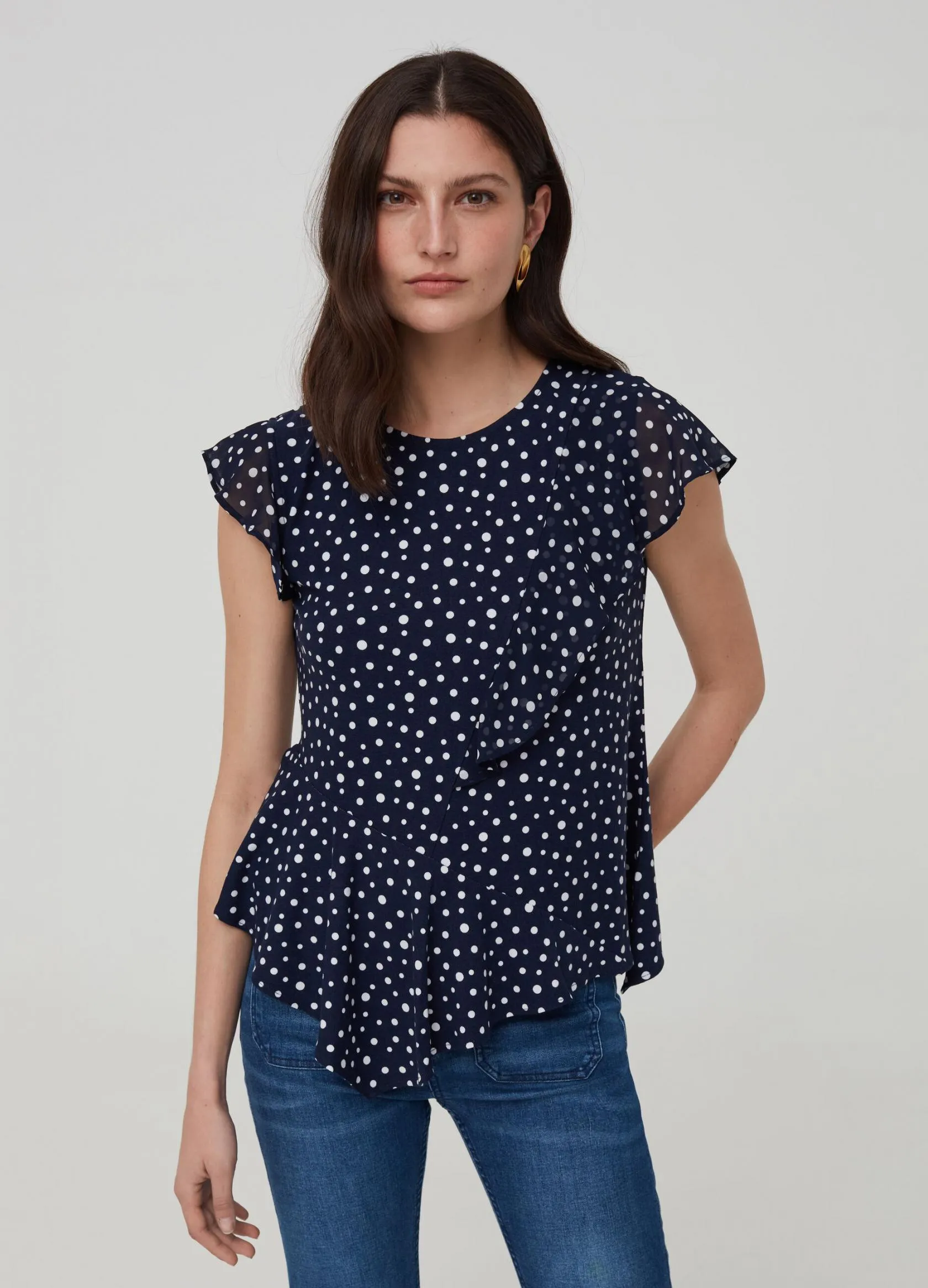 T-Shirt Et Débardeur Femme | Polka dot T-shirt with cap sleeves Blanc / Bleu | OVS