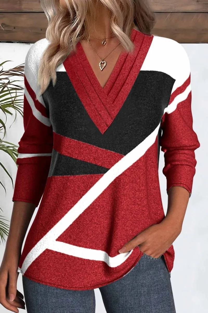 T-shirt à manches longues en patchwork géométrique rouge Umbrelia